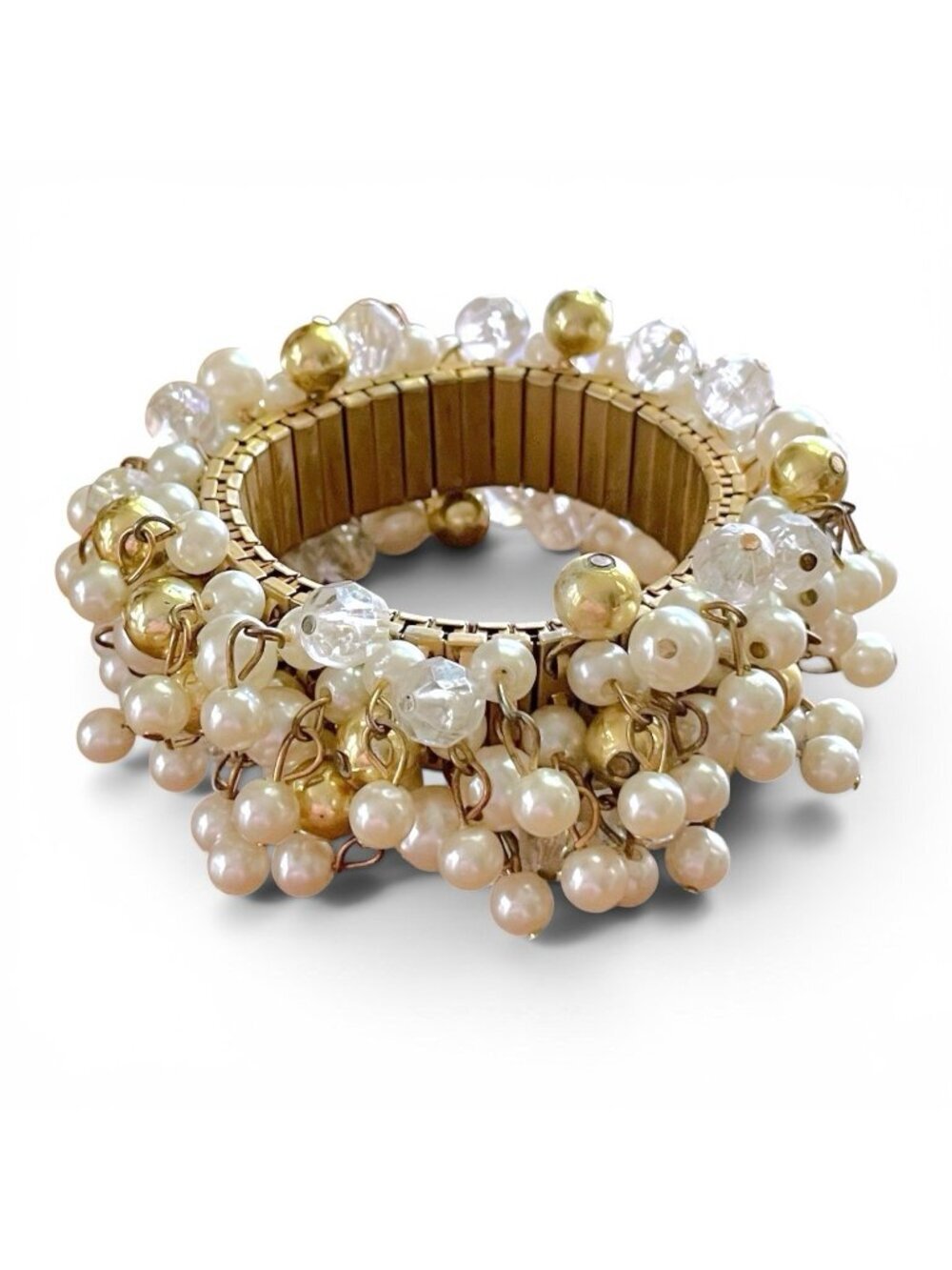 Vintage Cha Cha Bracelet Gold Tone Beaded Faux Pearl Lucite Dangly Expansion